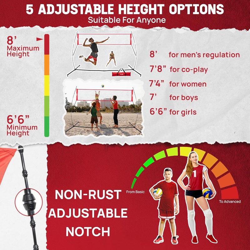 Yes4All شبكة كرة الطائرة المستقلة مع 5 ارتفاعات قابلة للتعديل، شبكة كرة طائرة محمولة بطول 12 قدم للحديقة والشاطئ، شريط وسط منخفض خاص لشبكة كرة الطائرة الخارجية لتقليل التعثر - Image 4